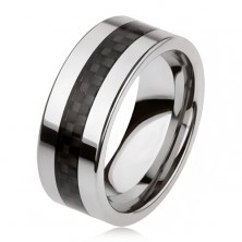 Wolframový prsten stříbrné barvy s černým středovým pásem, mřížka