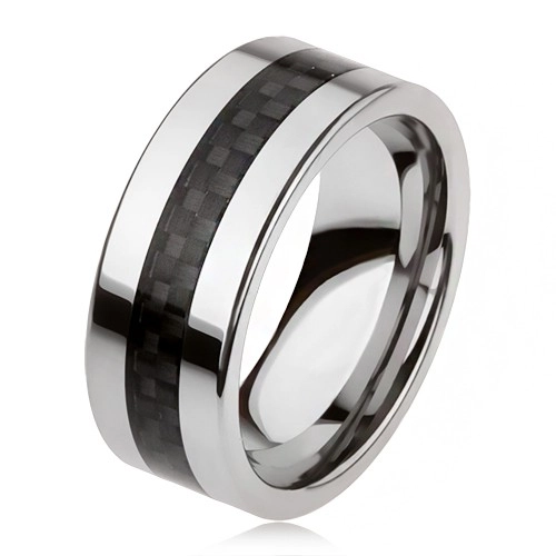 Wolframový prsten stříbrné barvy s černým středovým pásem, mřížka - Velikost: 59