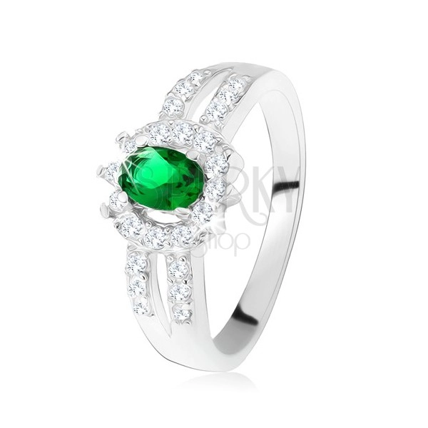Prsten ze stříbra 925, tmavě zelený kamínek, rozdvojená zdobená ramena