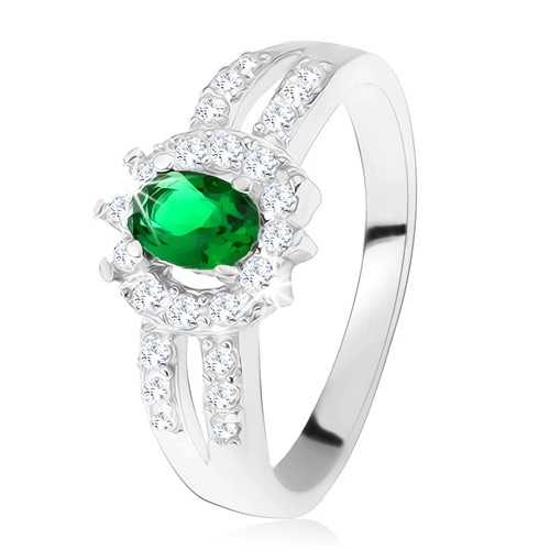 Prsten ze stříbra 925, tmavě zelený kamínek, rozdvojená zdobená ramena - Velikost: 57