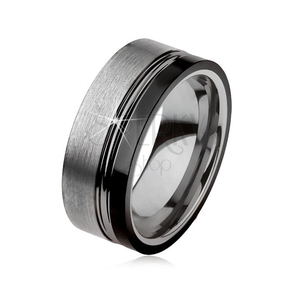 Wolframový prsten, dva zářezy, ocelově šedá a černá barva, lesklo-matný povrch