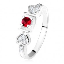 Lesklý prsten - stříbro 925, růžový kulatý zirkon ve žlábku, srdíčka, čiré kamínky