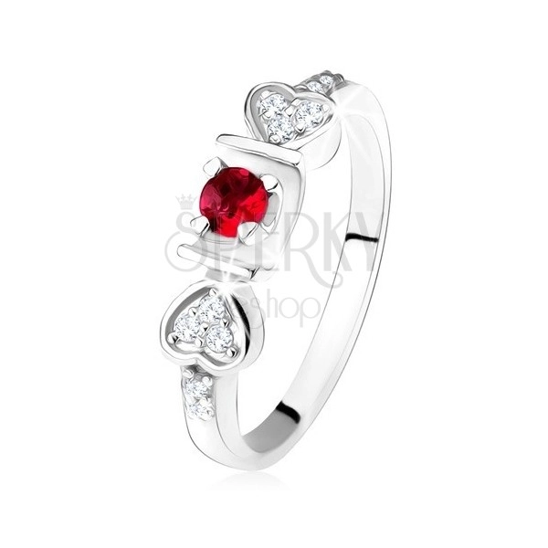 Lesklý prsten - stříbro 925, růžový kulatý zirkon ve žlábku, srdíčka, čiré kamínky