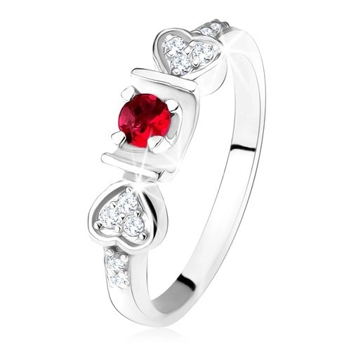 Lesklý prsten - stříbro 925, růžový kulatý zirkon ve žlábku, srdíčka, čiré kamínky - Velikost: 57