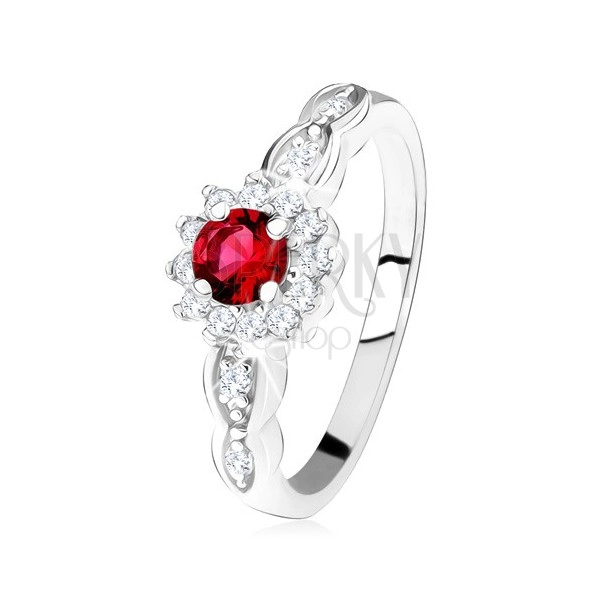 Zásnubní prsten ze stříbra 925, červený kulatý zirkon s čirým lemem