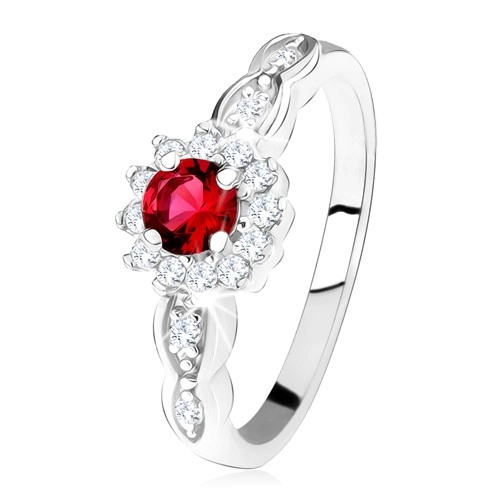 Zásnubní prsten ze stříbra 925, červený kulatý zirkon s čirým lemem - Velikost: 51