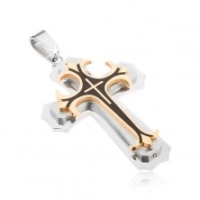 Ocelový přívěsek - stříbrná, zlatá a černá barva, dekorativní kříže