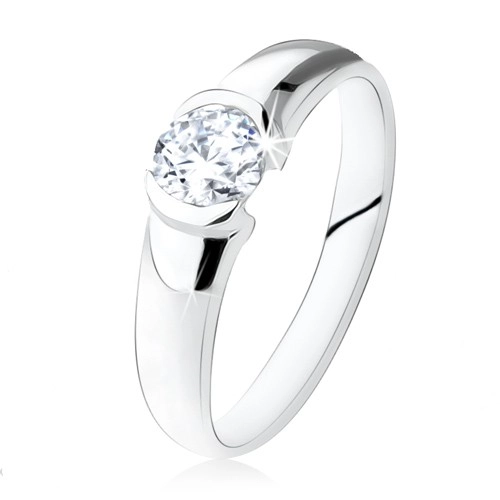 Stříbrný prsten 925, kulatý čirý kamínek, lesklý povrch - Velikost: 55