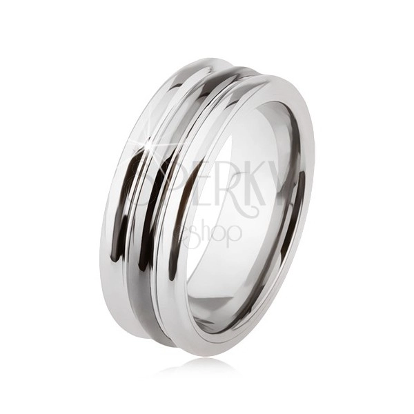 Wolframový prsten s lesklým povrchem, dva zářezy, černá a stříbrná barva