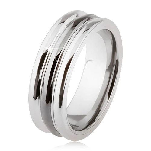 Wolframový prsten s lesklým povrchem, dva zářezy, černá a stříbrná barva - Velikost: 65