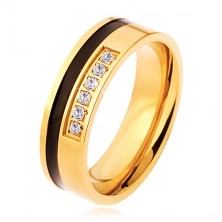 Ocelový prsten zlaté a černé barvy, ozdobná linie čirých zirkonů