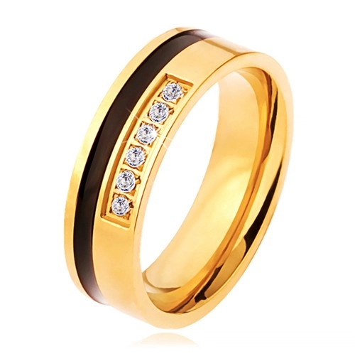 Ocelový prsten zlaté a černé barvy, ozdobná linie čirých zirkonů - Velikost: 57