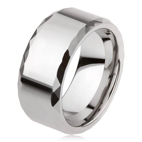 Wolframový prsten stříbrné barvy, geometricky broušené okraje, hladký povrch - Velikost: 59