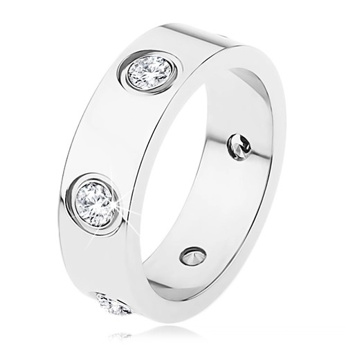 Ocelový prsten stříbrné barvy, lesklý, hladký, zdobený zirkony - Velikost: 66