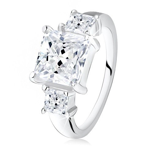 Zásnubní prsten, velký čtvercový zirkon, dva menší na bocích, stříbro 925 - Velikost: 53