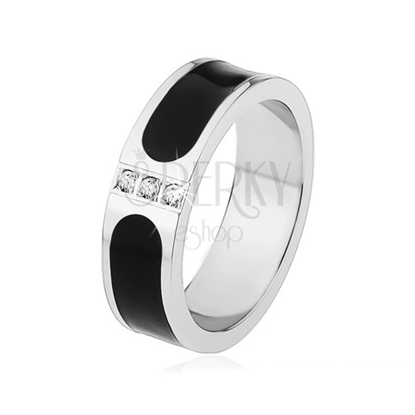 Ocelový prsten, stříbrná barva, černý glazovaný pás, tři čiré zirkony