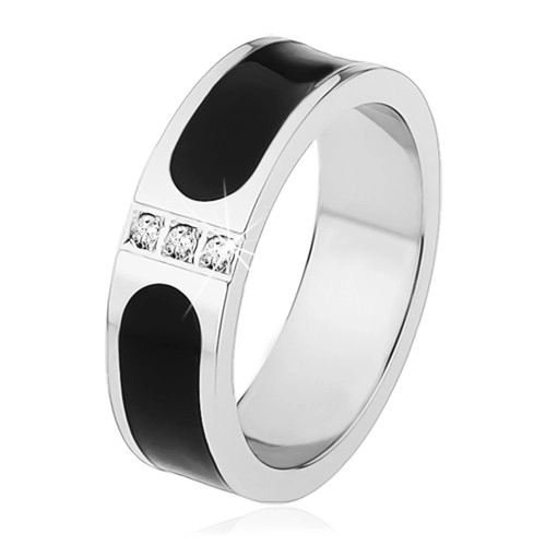 Ocelový prsten, stříbrná barva, černý glazovaný pás, tři čiré zirkony - Velikost: 69