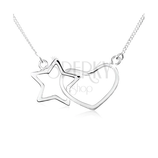 Náhrdelník ze stříbra 925, kontura hvězdy a symetrického srdce