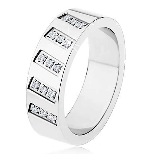 Ocelový prsten stříbrné barvy, zrcadlový lesk, šikmé linie zirkonů - Velikost: 67