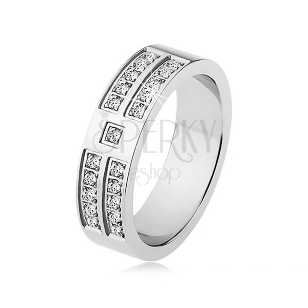 Lesklý prsten z oceli stříbrné barvy, ozdobné linie čirých zirkonů