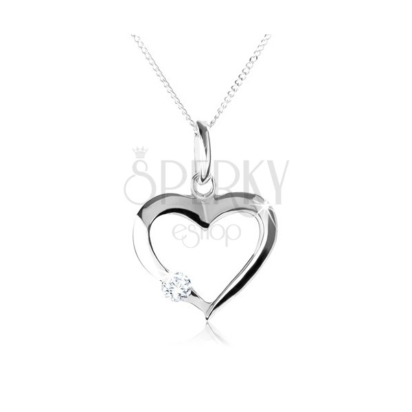 Stříbrný náhrdelník 925, obrys symetrického srdce s čirým zirkonem