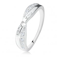Stříbrný prsten 925, překřížená ramena, zirkony, nápis "I LOVE YOU"
