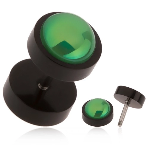 Černý falešný plug do ucha z akrylu, zelená kulička s duhovým leskem