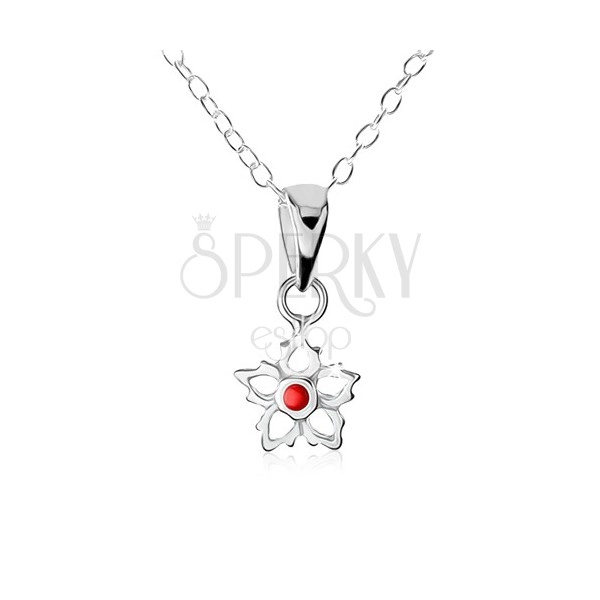 Stříbrný náhrdelník 925, obrys květu s červenou kuličkou uprostřed