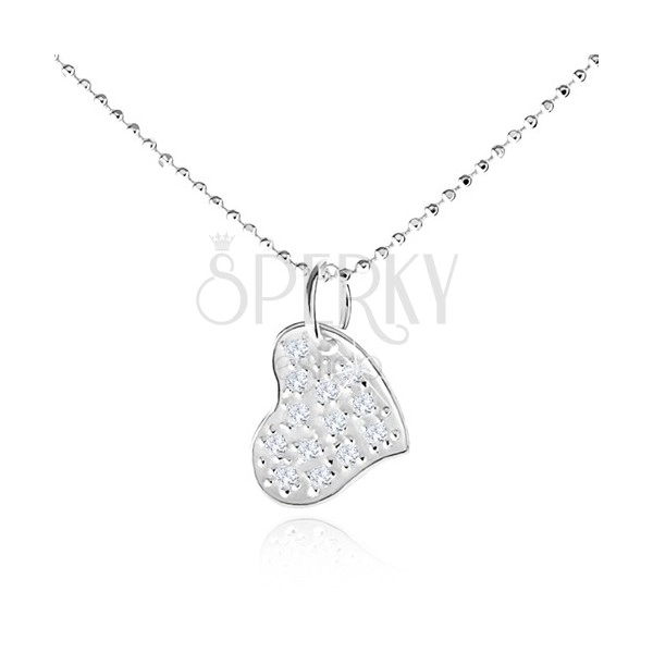 Stříbrný náhrdelník 925, asymetrické srdce s čirými zirkony