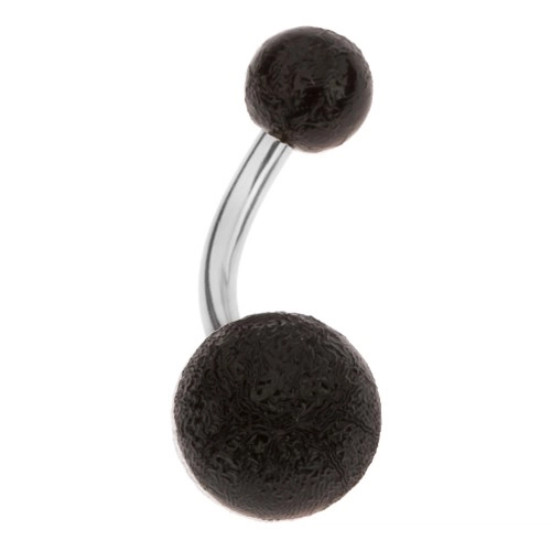 Levně Černý piercing do bříška z akrylu, dvě kuličky, pískovaný povrch