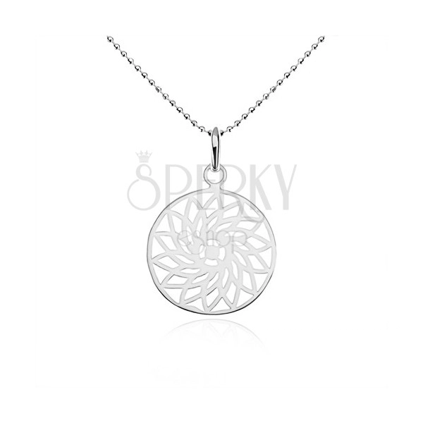 Stříbrný náhrdelník 925, kuličkový řetízek, vyřezávaný květ v kruhu