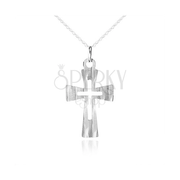 Stříbrný náhrdelník 925, plochý kříž s ozdobnými šikmými zářezy