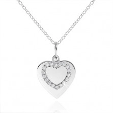 Stříbrný náhrdelník 925, ploché srdíčko a kontura srdce se zirkony