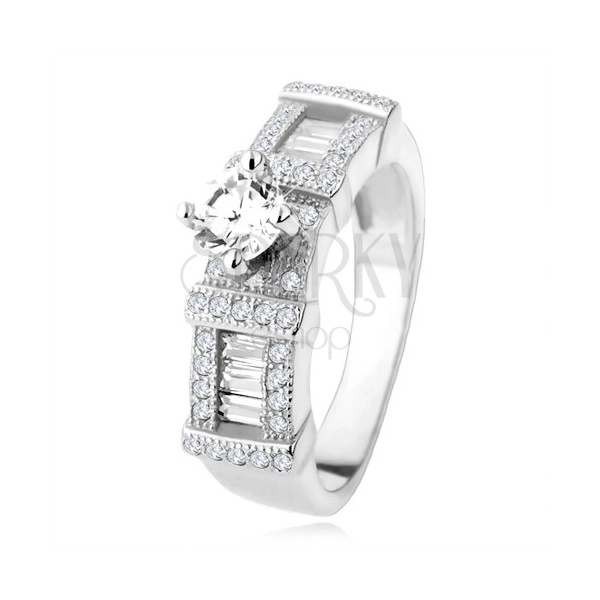 Stříbrný zásnubní prsten 925, zirkonové obdélníky, kulatý kamínek