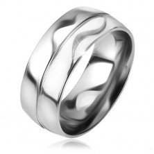 Lesklý a hladký prsten z oceli, stříbrná barva, ozdobný zářez ve středu