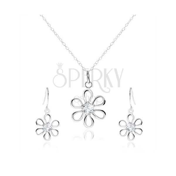 Stříbrná 925 sada - náhrdelník a visací náušnice, květ se zirkonem