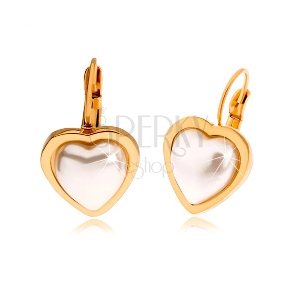 Ocelové náušnice zlaté barvy, perleťově bílý kamínek ve tvaru srdce