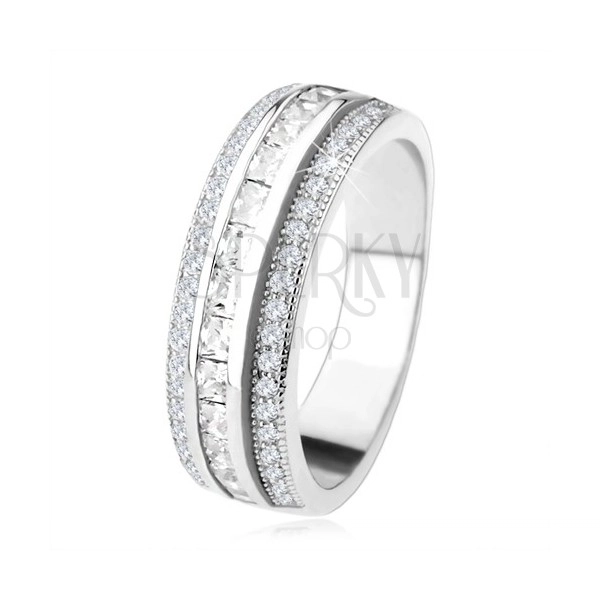 Třpytivý prsten ze stříbra 925, vyvýšený střední pás, čiré zirkony
