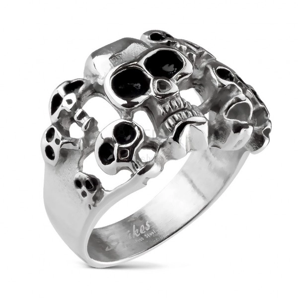 Prsten stříbrné barvy z oceli 316L - deset lebek s černou glazurou