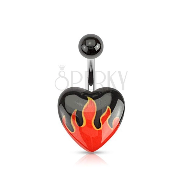 Ocelový piercing do pupíku, černá kulička, akrylové srdce s plameny
