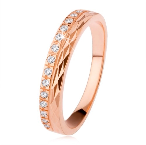 Stříbrný prsten 925 měděné barvy, diamantový řez, zirkonová linie - Velikost: 57