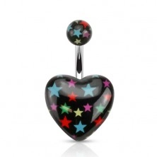 Piercing do břicha z oceli, černá kulička a srdce s barevnými hvězdami
