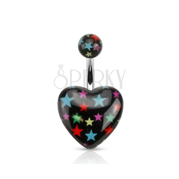 Piercing do břicha z oceli, černá kulička a srdce s barevnými hvězdami