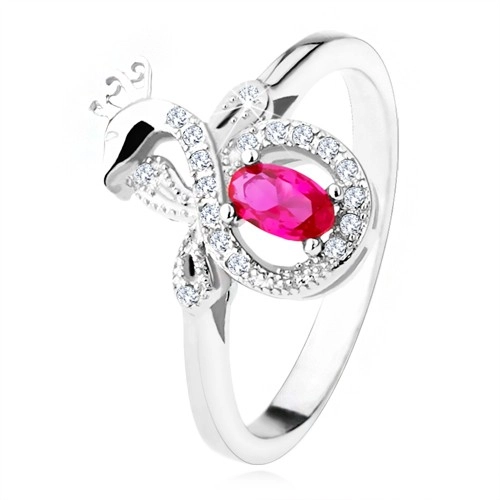 Stříbrný prsten 925 s tmavě růžovým oválným kamenem, zirkonový páv - Velikost: 60
