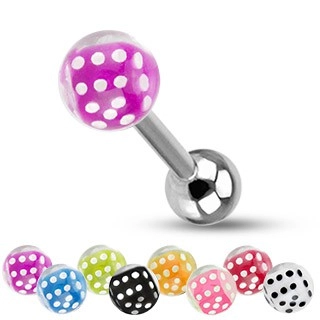 Barbell do jazyka z oceli, stříbrná barva, kuličky, barevné hrací kostky - Barva piercing: Fialová