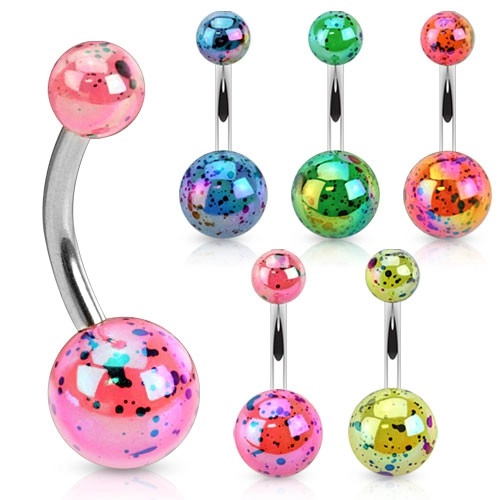 Ocelový piercing do pupíku, barevné kuličky z akrylu s duhovým leskem - Barva piercing: Růžová