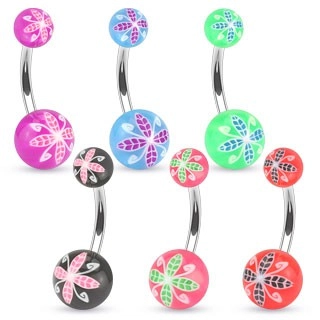 Piercing do pupíku z oceli, barevné kuličky z akrylu, květinový motiv - Barva piercing: Růžová