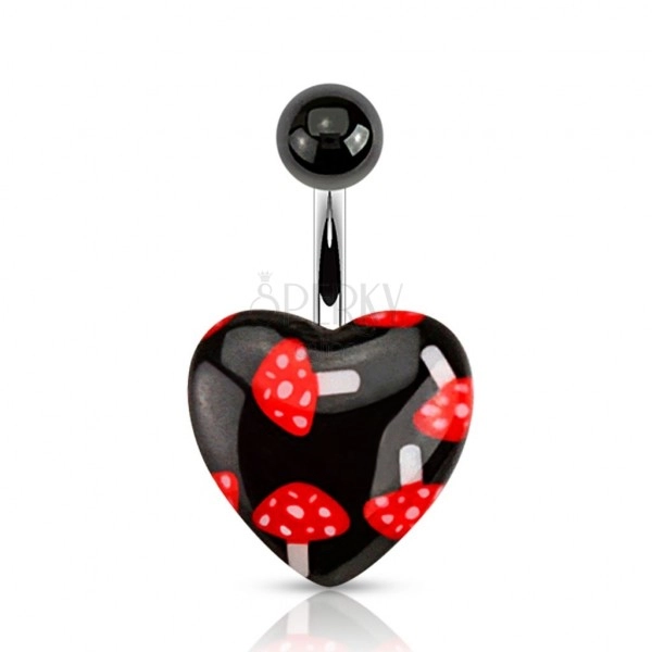 Černý piercing do bříška z oceli, kulička, srdce - červené muchomůrky