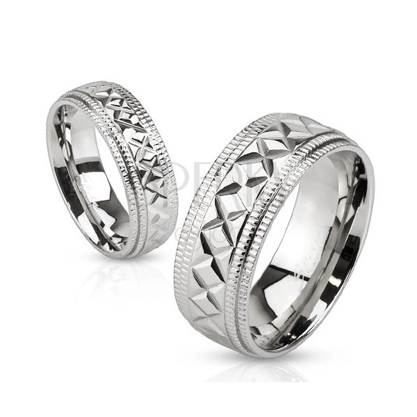 Ocelový prsten stříbrné barvy, geometrické zářezy, vroubky na okrajích, 6 mm