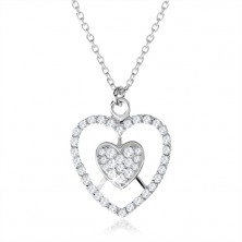Stříbrný náhrdelník 925, srdce a kontura srdce s čirými zirkony